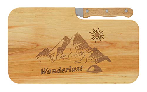 LASERHELD | Brotzeitbrett Holz mit Gravur “Wanderlust” & Messer | 26 x 15 cm | Frühstücksbrettchen Holz Schneidebrett Jausenbrett | Geschenk für Wanderer und Bergfreunde zum Vatertag