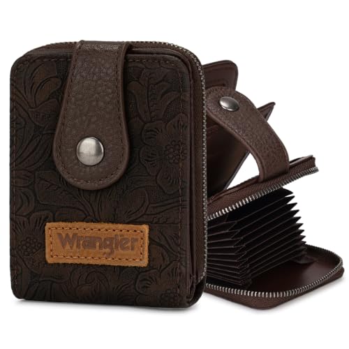 Image of Wrangler Wallet Women Small Credit Card Holder Zip Around Credit Card Case | Compact & Easy to Carry, Gifts for Women, with Rfid Blocking and Cash Compartment,Western Tooling Floral, Soft Vegan Leather