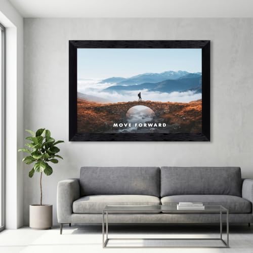 Framed Canvas Wall Art Cinematic Lone Hiker Stone Bridge Amber Blue Foggy Mountain Canvas Print Poster Black Frame Wall Decor for Living Room Motivational Art, Nature Decor - Inch 16x20 - Image 4