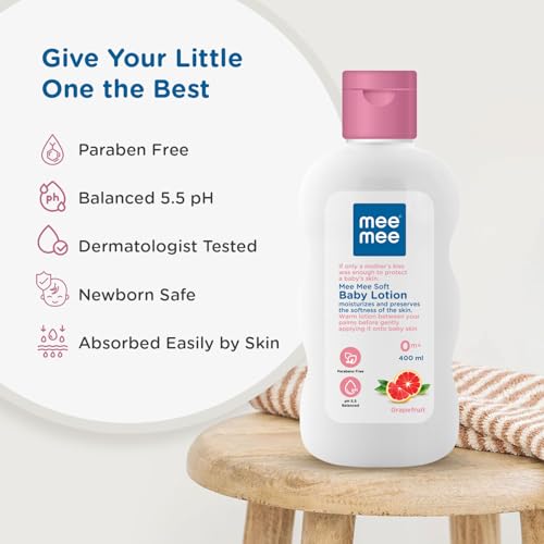 Image of Mee Mee Soft Baby Lotion and Fresh Feel Baby Powder 400 ml Each | Dermatologist-Approved | Rash-Resistant | Paraben-Free | Combo Pack of 2