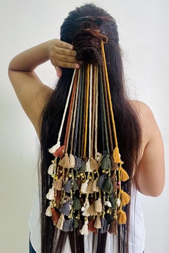 Image of Zippy Flora Boho Handmade Colorful Hair Strings for Navratri | Ethnic Bohemian Hair Accessories for Women & Girls | Multicolor Braided Hairband, Thread Hair Extensions for Festive Styling (Phuljhadi String, Multi Nude Colors)