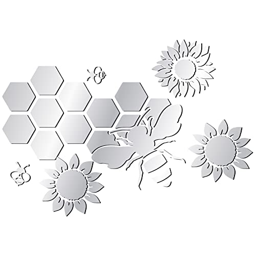 CREATCABIN Hive Bee Sunflower Mirror Wall Stickers 3D Acrylic Mirror Decal Removable Vinyl Art Wall Home Decor Mural DIY Mirror Decor for Living Room Bedroom Background Decoration