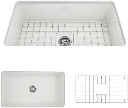 BOCCHI Sotto Dual-Mount Fireclay 32 in. Single Bowl Kitchen Sink with Protective Bottom Grid and Strainer in White