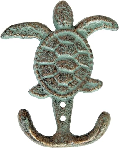 Wlayu Cast Iron Sea Turtle Double Coat Hook Bronze with Green Verdigris,Decorative Wall Hooks Gift（1）