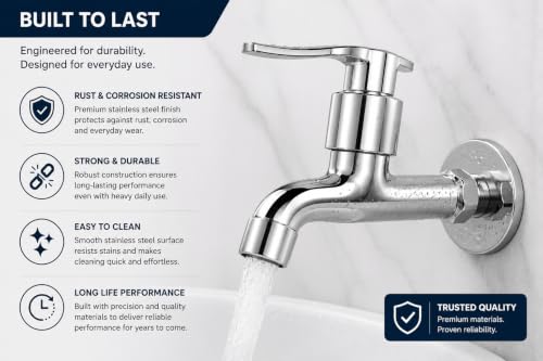 Image of Furiq Bath Spoon Stainless Steel Long Heavy Body Tap for Bathroom & Kitchen Taps with Brass Disk Chrome Finish and Quarter Turn Fitting Wall Flange and Teflon Tape - Pack of 2