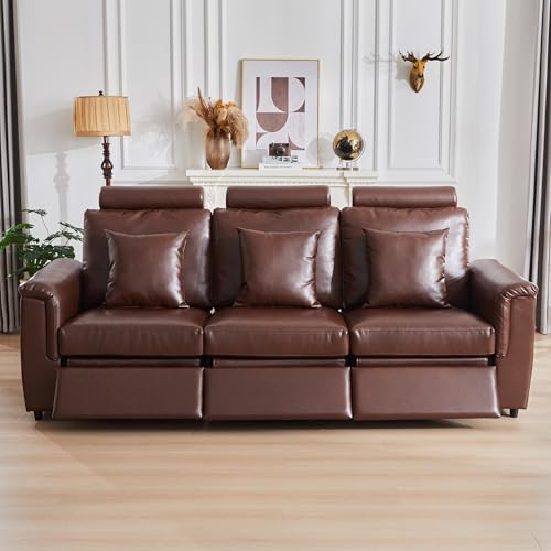 Image of RARZOE Manual 3-Seater Recliner Sofa, Faux Leather 3 Seat Reclining Couches with Headrest, Modern Comfy Recliner Sofa Set with 3 Recliner Chairs for Living Room Home Theater, Brown