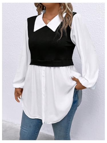 OYOANGLE Women's Plus Size Colorblock Collared Lantern Long Sleeve Button Down Blouses Elegant Office Peplum Shirt Tops4
