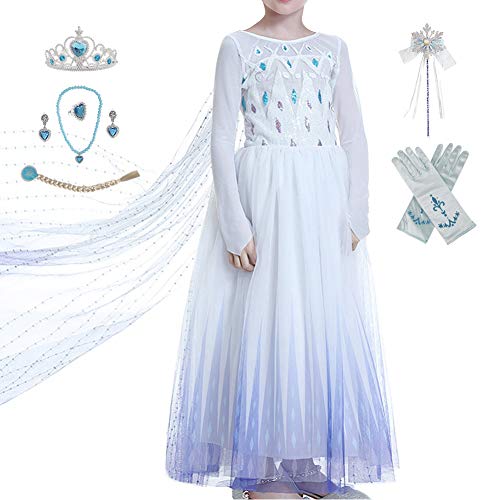 Timesun ELSA Mädchen Prinzessin Elsa Kleid Kostüm Karneval Cosplay Eisprinzessin Set aus Diadem, Handschuhe, Zauberstab, Perücke,Halskette,Ohrringe,Ringe,Handbag (Weiß, 150)