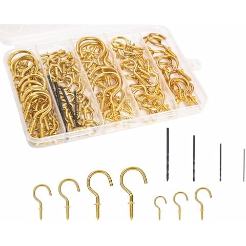 Mariyandh 122 Pcs Ceiling Hooks Kit 7 Sizes Nickel Plating Gold Screw in Siding Hooks for Hanging Outdoor,Plant, Kitchen, Cup(1/2in,5/8in,3/4in,7/8in,1'',1-1/4in,1-1/2in)+4 Sizes Drill (1.5/2/2.5/3mm) Cover