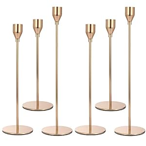 Set of 6 Pink Gold Candlestick Holders Pink Gold Candle Holder Taper Candle Holders Candle Holders Decorative Candlestick Holder for Home Decor, Wedding, Dinning, Party, Anniversary (Gold)
