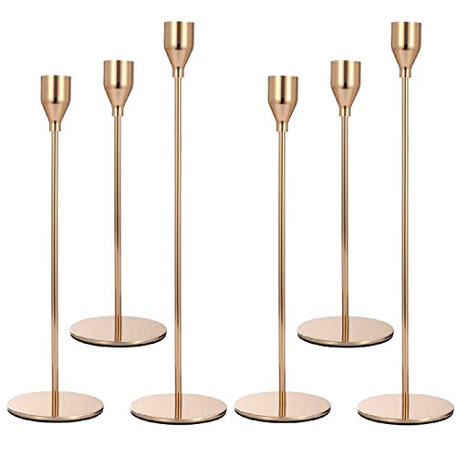 Set of 6 Pink Gold Candlestick Holders Pink Gold Candle Holder Taper Candle Holders Candle Holders Decorative Candlestick Holder for Home Decor, Wedding, Dinning, Party, Anniversary (Gold)