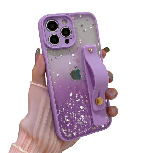 siduater Strap Case for 6.7" iPhone 13 Pro Max with Wristband Kickstand, Bling Glitter Sparkle Clear Cover Soft TPU Bumper Adjustable Hand Grip Loop for iPhone 13 Pro Max 6.7 Inch, Lavender Purple