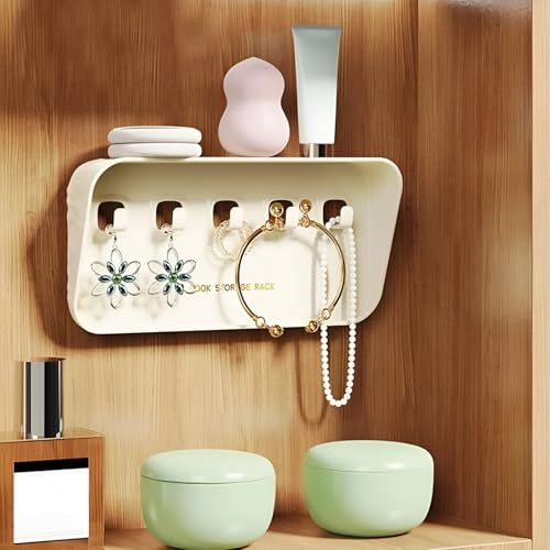 Image of JRM Key Holder for Wall with Shelf, Adhesive Wall Mounted Organizer Rack with 5 Hooks, No-Drill Key Hanger for Entryway, Kitchen, Bathroom, Bedroom, Garage, Multi-Purpose Storage Shelf