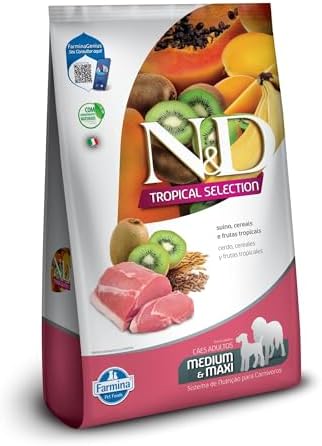Meu pet merece o melhor? Entenda por que a escolha da ração impacta diretamente a vida do seu companheiro. 36 Ração Seca N&D Tropical Selection Suíno, Cereais e Frutas Tropica...