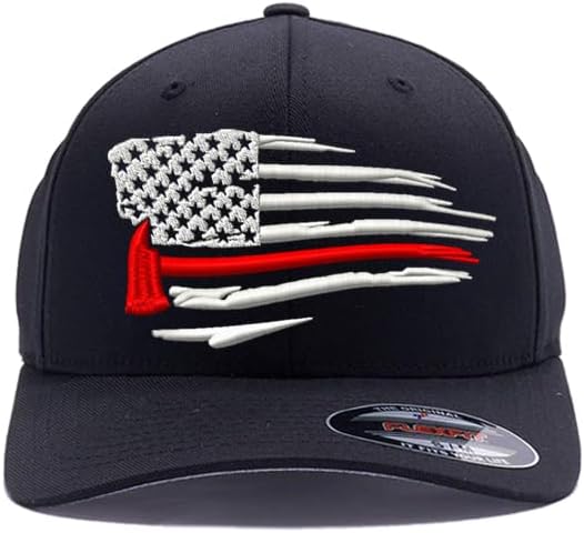 Thin Red Line Fire Department Distressed American Flag with Firefighter Axe Embroidered. 6477/6277 Flex Fitted Baseball Hat