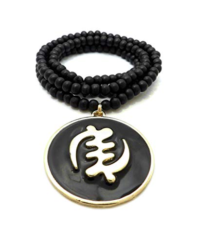NYFASHION101 Adinkra Symbol Gye Nyame Medallion with 6mm 30" Black Wood Bead Necklace2