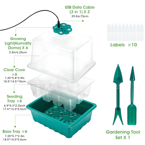 Ourhom Seed Starter Tray with Grow Light, 6pcs Seed Starter Kits with Light and Adjustable Humidity Domes, Covers Height 3.9", Indoor Seedling Starter Plant Germination Trays (Green-Warm White) - Image 6