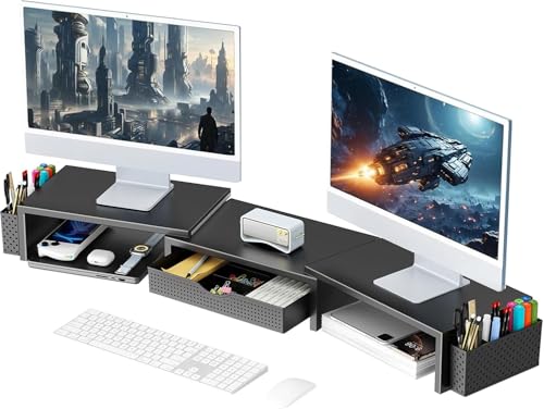 Pygocereri Doppel Monitorständer, Metall Monitor Erhöhung mit Schublade und 2 Stifthaltern, einstellbare Länge und Neigung – Dual Monitor Stand Riser für Laptop, PC, Computer, Drucker (Schwarz)