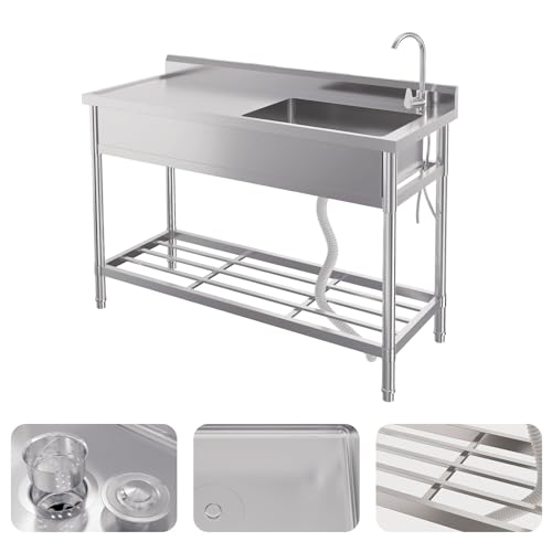 Hipicute 47 Inch Free Standing Sink, Single Bowl Stainless Steel Utility Sink with Cold/Hot Water Pipe, Storage Rack, Faucet and Adjustable Legs, for Laundry Room, Kitchen, Garage, Outdoor Use, NSF - Thumbnail 4
