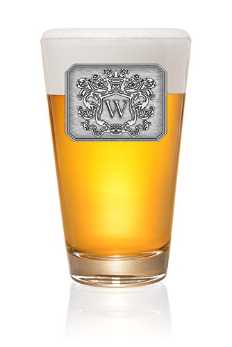 Pint Pub Beer Glass Hand Crafted Monogram Initial Pewter Engraved Crest with Letter W - by Fine Occasion (W, 16oz)