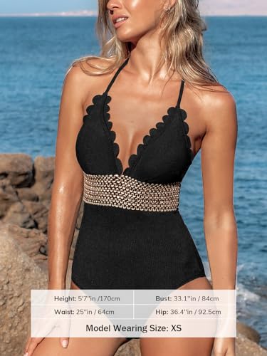 CUPSHE Women's One Piece Swimsuit Halter Back Tie Scalloped V Neck Textured Contrast Stitching4