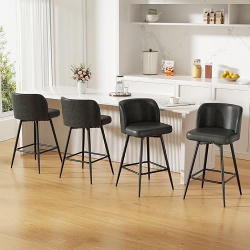 Image of Swivel Bar Stools Set of 4, 26in Counter Height Bar Stools with High Back and Metal Legs, Faux Leather Bar Chairs, Modern Barstools for Kitchen Island, Dark Grey