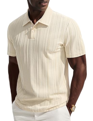 PJ PAUL JONES Mens Knit Polo Shirt Short Sleeve Textured Shirts Casual Collared Polo Shirts for Business Beige