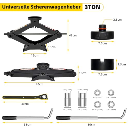 Wagenheber 3T,3000 kg Scherenwagenheber für Auto, mit Gummiauflage, tragbarer Auto-Wagenheber mit Radmutternschlüssel, Reifenwechsel- und Notfall-Set für SUV, MPV und Tesla