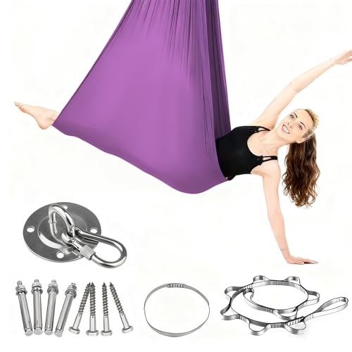 KKSJK Aerial Yoga Hängematte Set, Aerial Yoga Swing Hängematte, Schaukel Nestschaukel, Hammock Swing für Indoor Outdoor, 200KG Max. Tragfähigkeit, Inkl. Kompletter Installationshardware (Violett)