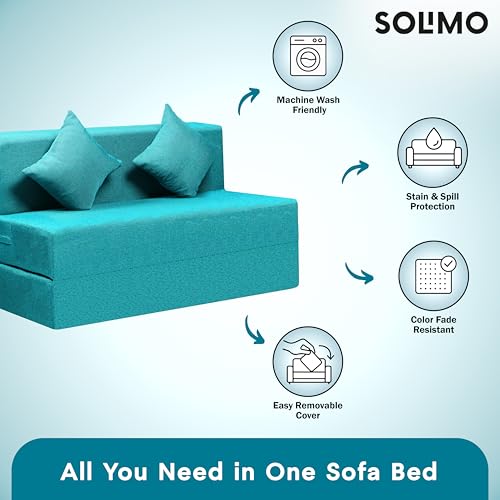 Image of Amazon Brand - Solimo 2 Seater 4 * 6 Jute Fabric Washable Cover Sofa Cum Bed with 2 Cushion 2 Seater Double Foam Fold Out Sofa Cum Bed (Finish Color - Sky Blue Delivery Condition - Pre-Assembled)