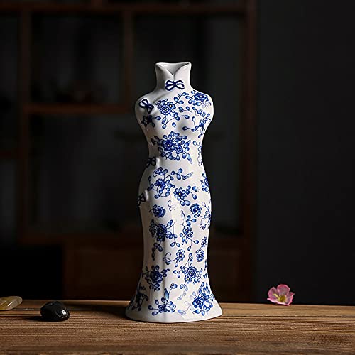 Style Chinois Vase Corporel Vase En Céramique,Handmade Vase Bleu Et Blanc Vase En Porcelaine Vase à Fleurs D'art,Élégant Chinoiserie Vases Pour Medern Décor D'accueil-Motif floral de pivoine 20x8x8cm( Cover