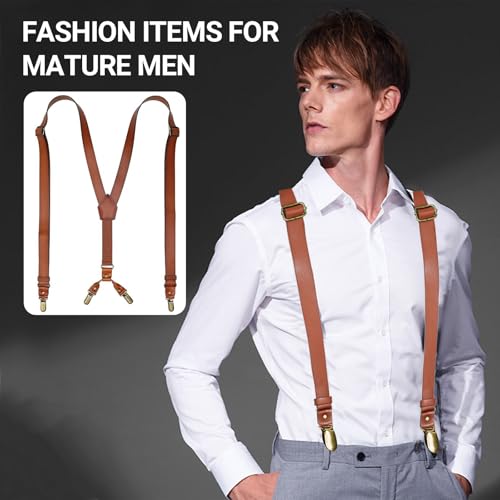 Image of Leather Suspenders for Men Y Back Design Adjustable Suspender with 4 Metal Clips Groomsmen Gift Wedding Brown