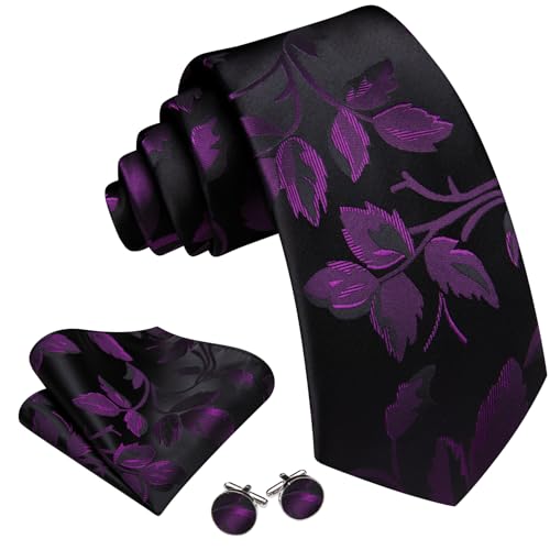 Image of Barry.Wang Flower Ties for Men Silk Woven Floral Tie Sets Necktie Handkerchief Cufflinks Wedding Party