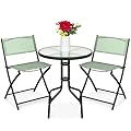 Best Choice Products 3-Piece Patio Bistro Dining Furniture Set w/Textured Glass Tabletop, 2 Steel Folding Chairs, Polyester Fabric - Sage