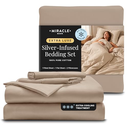 Miracle Made Extra Luxe Soft Cool-to-the-Touch Cotton Bed Sheet Set 4-Piece Silver-Treated Breathable Lightweight Bedding King Size Sand