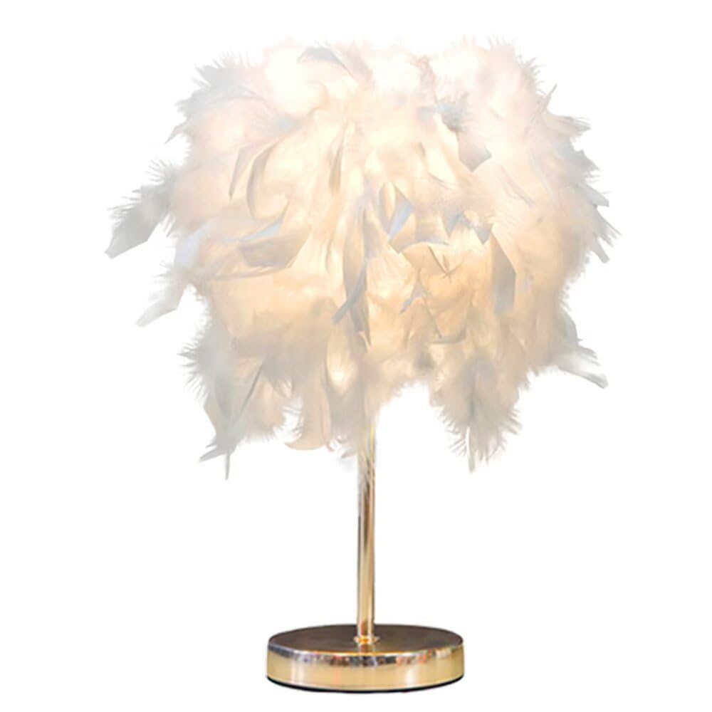 GUANSHAN White Feather Table Lamp Bedside Lamp with Gold Base Romantic Feather Lampshade Night Light for Bedroom, Home Decoration, Photography Props