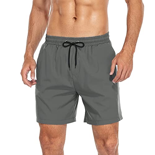 Zando Quick Dry Mens Swim Trunks With Compression Liner Mens Bathing Suits With Pocket 7 Inch Inseam Mens Swim Briefs Beach Shorts For Men Grey Mens Swimming Trunks With Boxer Brief Lining L #TOP3