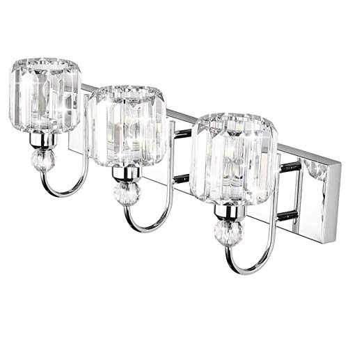 Image of Ralbay Modern LED Crystal Bathroom Vanity Lights 3-Lights Stainless Steel Crystal Vanity Lights Over Mirror Modern Crystal Bathroom Vanity Lighting Fixtures