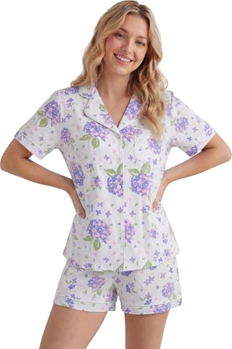 Image of LUBOT 100% Cotton Pajamas for Women 2 Piece PJ Set Button-Down Soft Knit Short Sleeve Summer Sleepwear Loungewear XS-XXL
