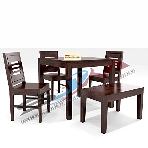 Shree Jeen Mata Enterprises Solid Sheesham Wood Four Seater Dining Set for Dining Room | Wooden One Dining Table with Three Chairs & One Bench | Finish-Walnut Finish |