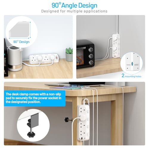 Desk Extension Lead with 4 USB Slots, BEVA 4 Way Surge Protected Plug Extension with PD20W USB C Charger, Individual Switches, Mountable Desktop Clamp Power Socket with 1.8M Cable-White - Image 4
