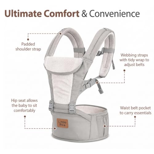 Image of Little Pea 5-in-1 Baby Carrier with Detachable Hip Seat | Adjustable with Padded Shoulder Straps, Waist Support & 5 Carry Positions | Baby Carrier for 4 Months to 3 Years, Grey