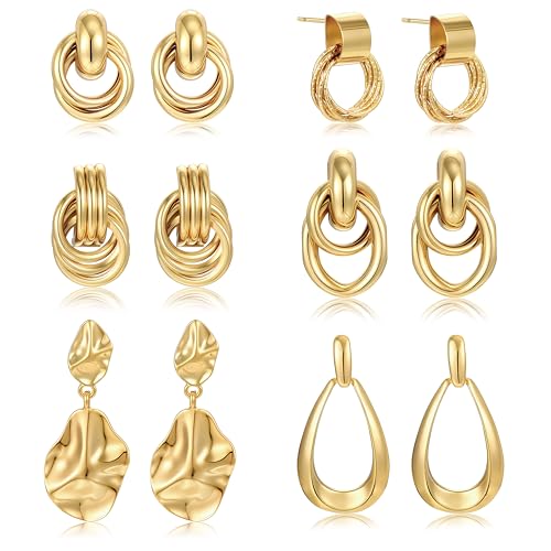 6 Pairs Trendy Gold Plated Knot Earrings for Women...