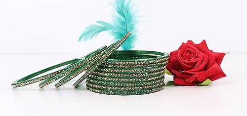 Image of NMII Glass with Zircon Gemstone and Beads Studdded Glossy Finished Traditional Bangle Set For Women and Girls
