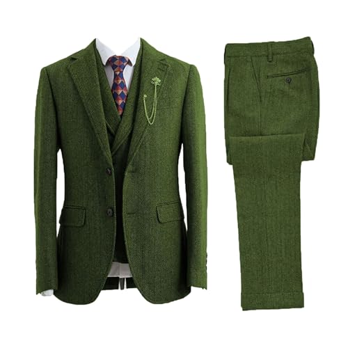 Men Elegant 3-Piece Herringbone Coarse Woolen Fabrics Customize Business Banquet Suit Dark Green
