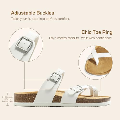 DREAM PAIRS DREAM PAIRS Women's Thong Slide Sandals with Cork Footbed Open Toe Adjustable Slip On Slippers Comfort Flat Sandals for Summer,Size 8,White,SDSS2405W