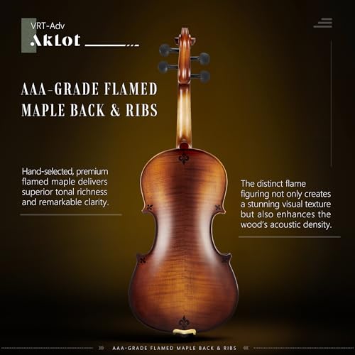 Image of AKLOT Handcrafted Flamed Maple Violin: Full Size Matte Fiddle, Acoustic Advanced 4 /4 Violin Kit with Ebony Bow, Solid Wood Shoulder Rest, Lesson Book, Hard Case, Extra Strings, Tuner (VRT-AdvAR)