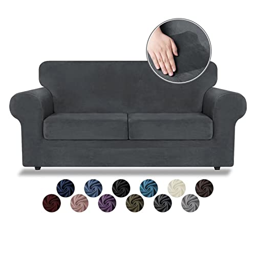 Asnomy Sofas Covers For 2 Cushion Couch Loveseat Cover Velvet Stretch Slipcovers For Dogs Cats ,2 Seat Cushion Furniture Protector Machine Washable（Medium，Dark Grey） #TOP1