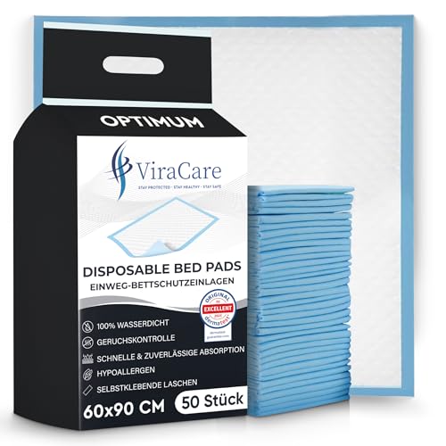 VIRACARE Inkontinenzunterlagen 60x90 cm Saugstarke Bettunterlagen Einweg Mehrschichtkern mit schneller Flüssigkeitsaufnahme wasserdichte PE-Rückseite Matratzenschutz bei Inkontinenz 30 Stück