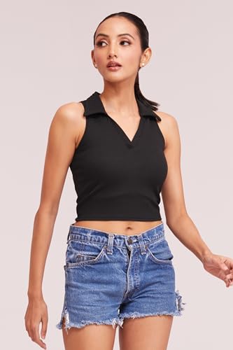 Image of BERRY BIRD Stylish Sleeveless V-Neck Slim Fit Collar Ribbed Knit Tank Crop Tops for Women & Girls Beach and Gym Wear and Western Trendy Fashion